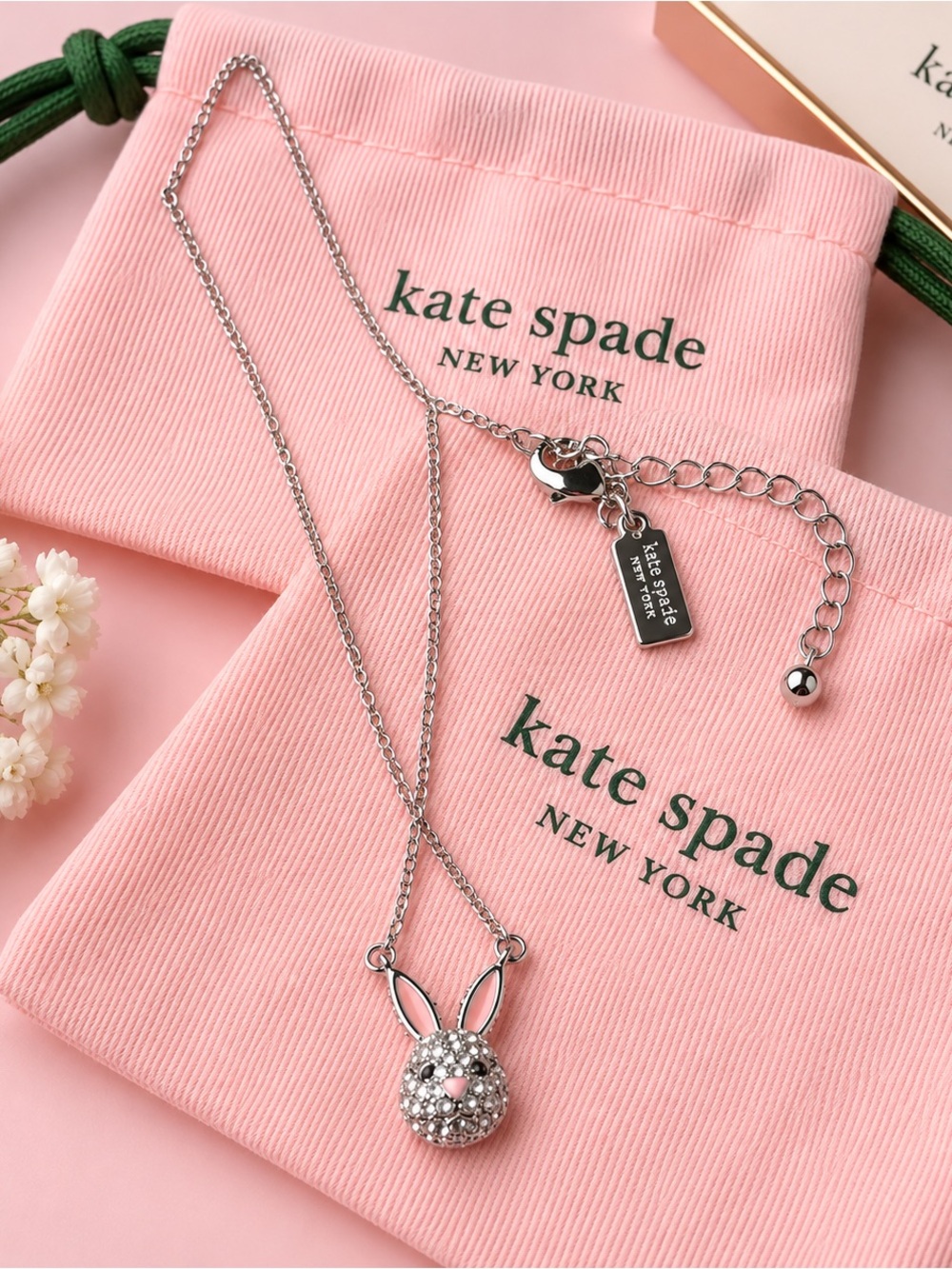 kate spade Silver Bunny Crystal Pendant Necklace on Pink Pouch